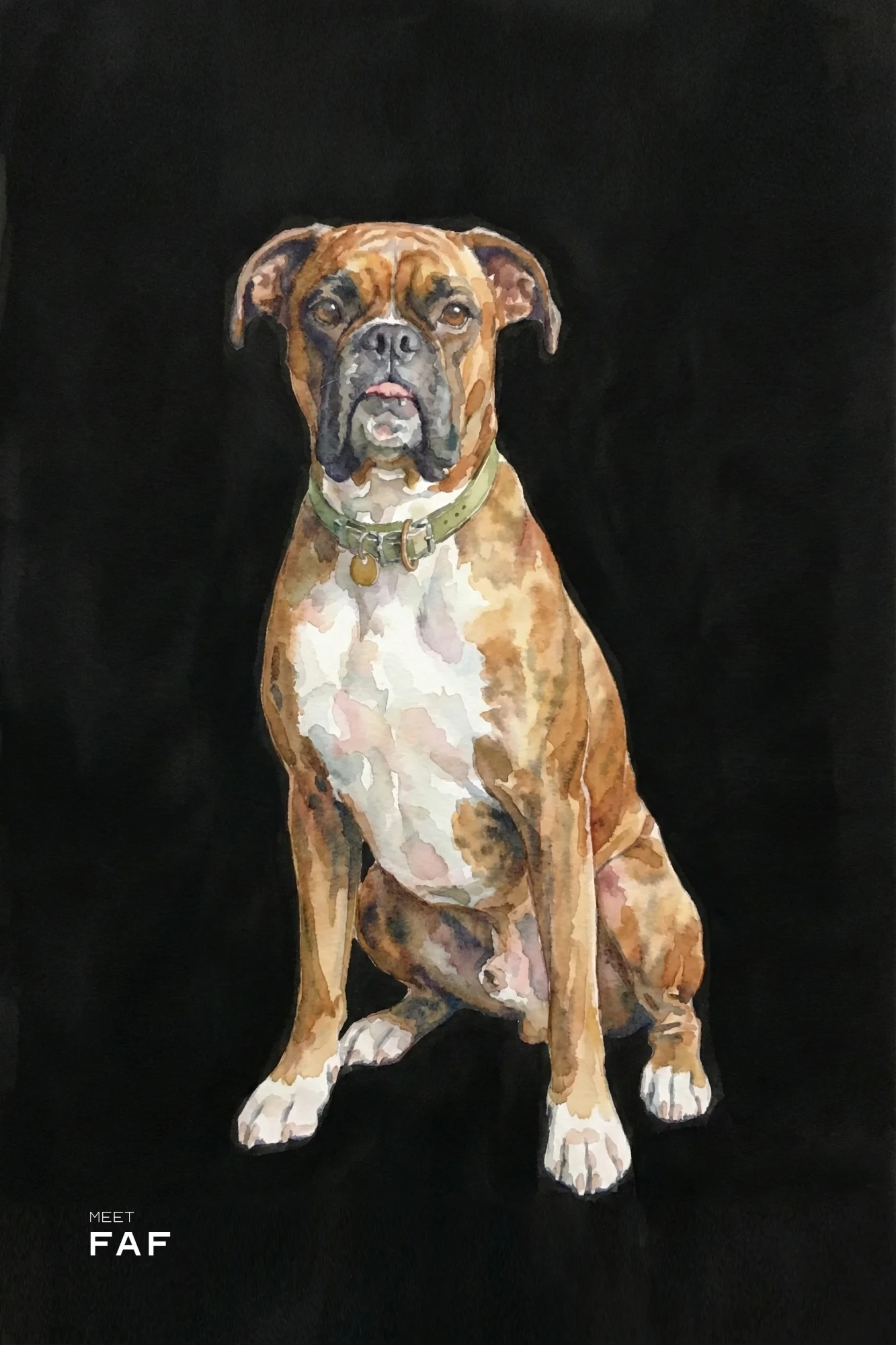 Watercolor portrait of Faf, a boxer, on a deep black background