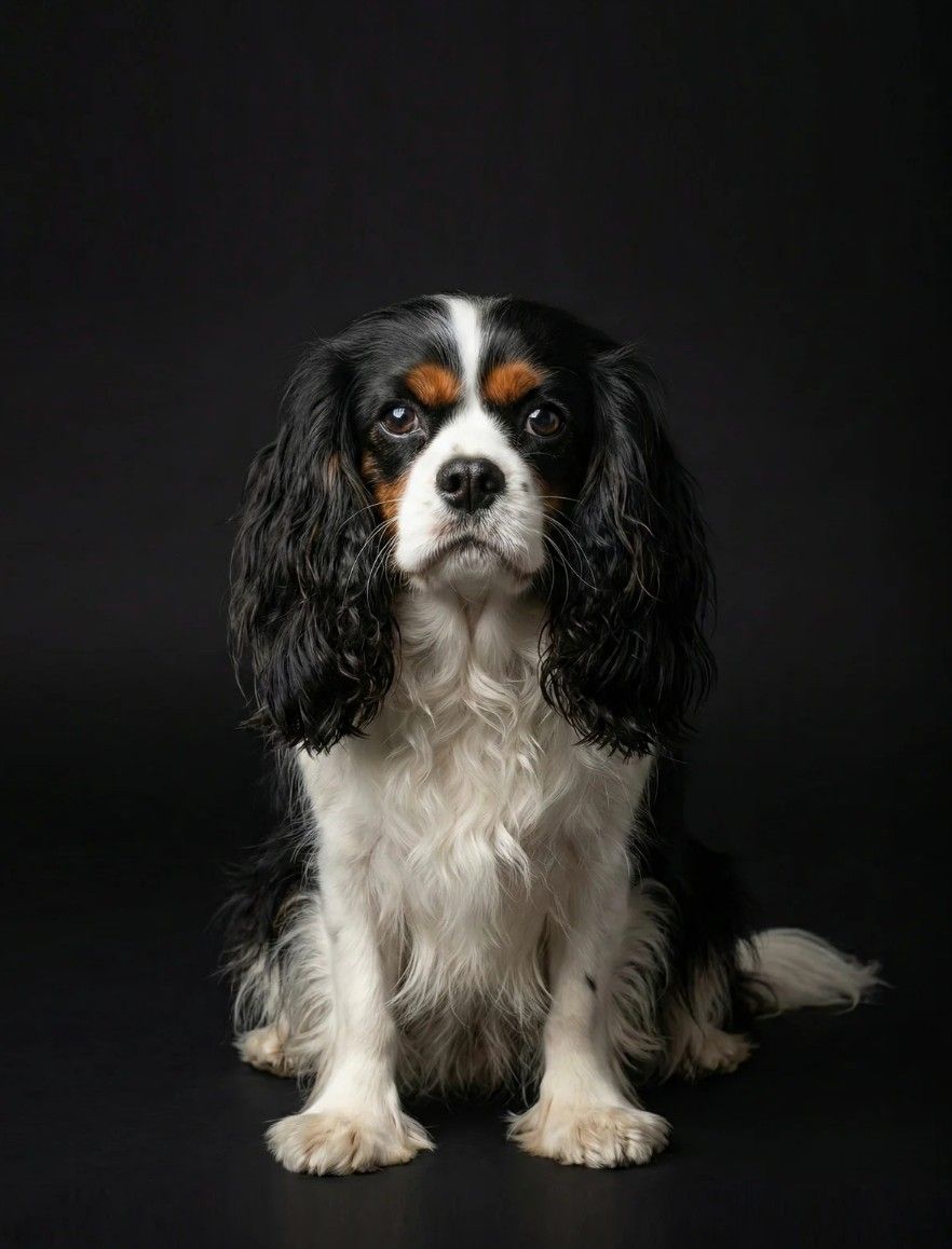 Studio portrait of Lily, a cavalier spaniel, on a deep black background