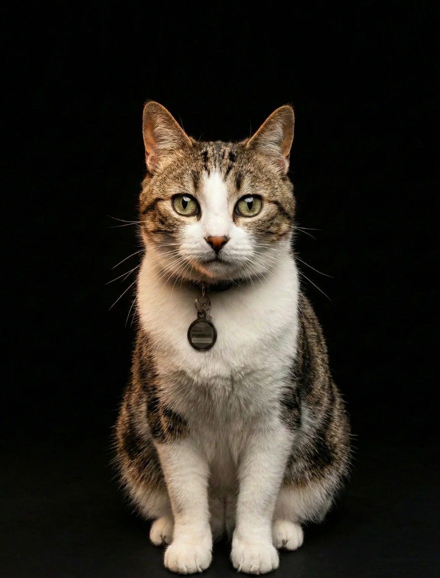 Studio portrait of Noodle, a tabby and white cat, on black